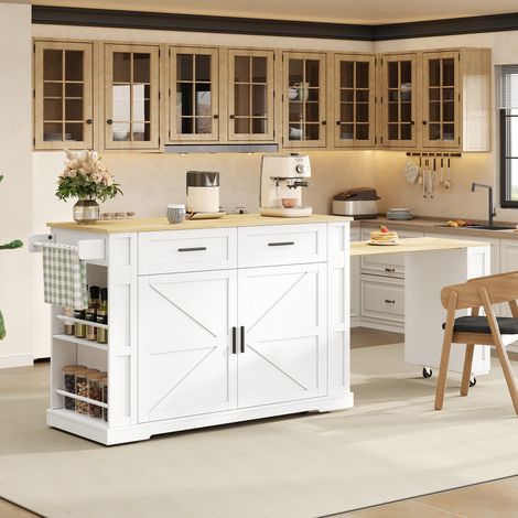 Modernluxe - Îlot central de cuisine mobile - table à manger extensible - 2 portes et 2 tiroirs - prise de courant et 7 roulettes - Blanc (1/5)