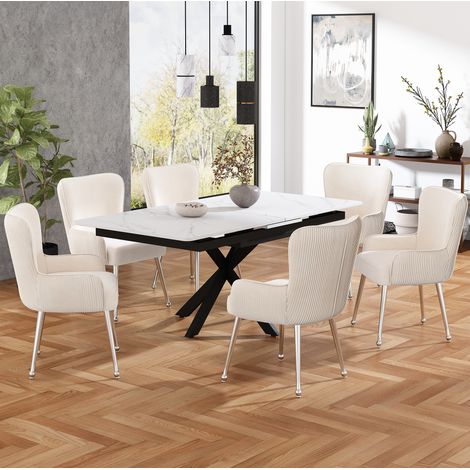 Set de 6 sillas de comedor de terciopelo beige con reposabrazos y pies ajustables (1/5)
