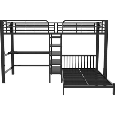 Hochbett 90 x 200 cm aus Metall und MDF in Schwarz mit Schreibtisch und Stauraum (1/5)
