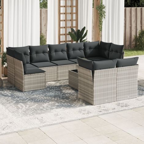 vidaXL Set Divano Giardino 10 pz con Cuscini Grigio Chiaro Polyrattan (1/3)