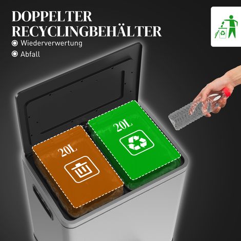 Poubelle à pédale avec couvercle, en acier inox, 2 bacs de 20 litres, couleur argent (1/4)