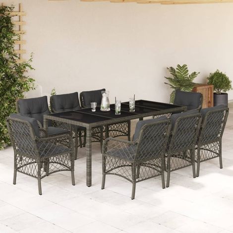 9-tlg. Garten-Essgruppe mit Kissen Grau Poly Rattan