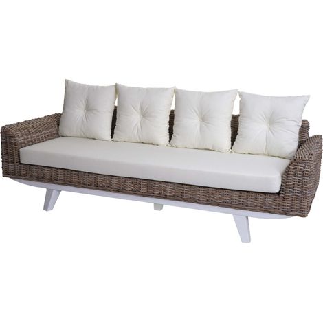Divano HHG-090, divano 4 posti in rattan sofà lounge con cuscini,209cm Kubu tessuto naturale/rivestimento tessile avorio (1/5)