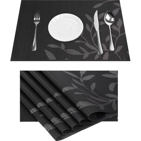 Juego de 6 manteles individuales de vinilo resistentes al calor negros con estampado de hojas para mesa de comedor y cocina, lavables y antideslizantes de PVC.