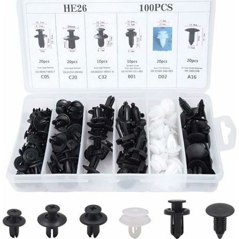 100 Pièces Rivet Clips Plastique Voiture Universel, 6 Taille Clips de Retenue de Voiture Fixations Outils, Clips d'Aile en Plastique pour Pare-chocs Porte de Voiture Fender Push Kit de Remplacement (1/5)