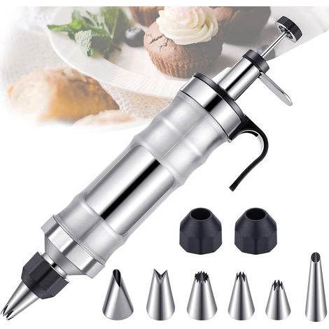DOLASO Topping-Spritze aus Edelstahl mit 6 Düsen, Einhand-Kuchenspritze, Süßigkeiten-Presspistole, Mehrzweck-Kuchenspritze für Cupcakes, Gebäck (schwarz) (1/5)