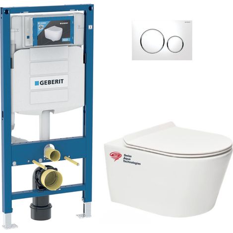 Pack WC bâti-support Geberit + WC sans bride Swiss Aqua Technologies + Abattant SoftClose + Plaque chrome (GebBrevis-C)