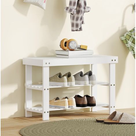 Panca portascarpe 70x28x45 cm in bambù bianco con 2 ripiani per ingresso - MEUBLIV (1/5)