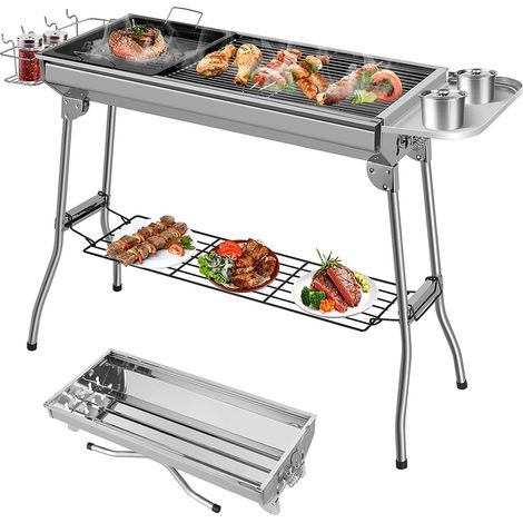 Tlgreen – Barbecue à charbon pliant portable XXL – Acier inoxydable – 105 x 33 cm – Poêle antiadhésive – Pour 5-10 personnes – Camping et jardin (1/5)