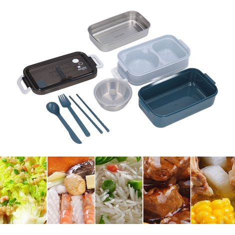 Boîte-repas isotherme en acier inoxydable 2 niveaux, pliable et empilable, avec fermoir, bol à soupe 200ml en acier inox 304. (1/5)