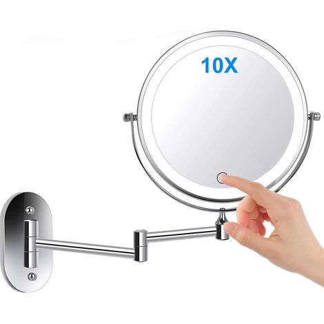 Miroir mural grossissant x10, miroir de maquillage, miroir de salle de bain, miroir mural double face de 7 pouces, rotation à 360° et rétractable, alimenté par 4 piles AAA (non incluses)