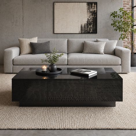 Table basse moderne noire avec rangement, 2 tiroirs et modules coulissants 100 x 50 x 31 cm DESVIAE (1/5)