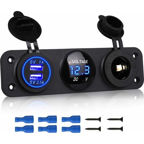 3 in 1 Charger Socket Panel, 12V Dual USB Car Socket Charger Socket Power Socket & LED Digital Voltmeter & Cigarette Lighter Splitter Adapter - Blue (1/5)