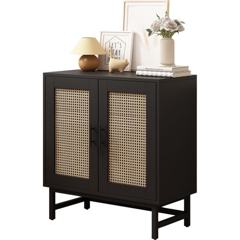 FURNITURE HMD 2 Door Sideboard Cabinet Cupboard with Metal Frame,Wooden Storage Unit for Living Room/Bedroom/Kitchen,Rattan Style,77x37x80cm (1/5)