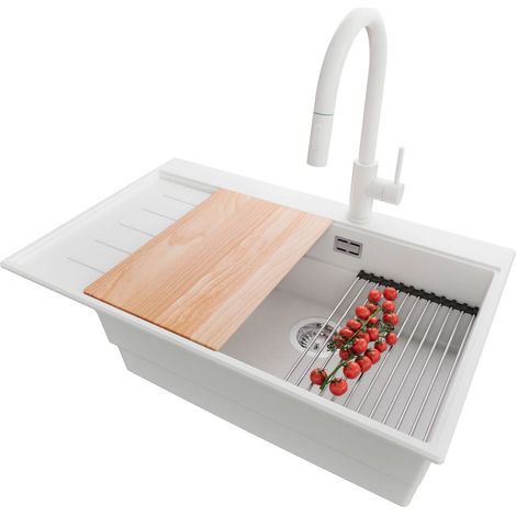 PRIMAGRAN Evier Cuisine en Granit 78x50cm,Lavabo 1 bac + Robinet 40x20cm + Kit de Vidage + Accessoires, Évier à Encastrer au meuble 60cm - Sydney, Blanc