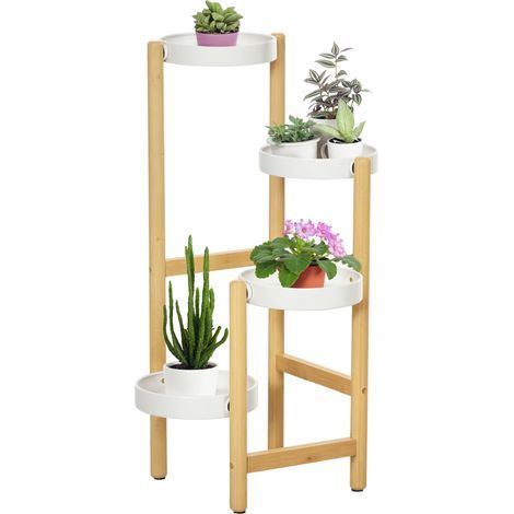 Pflanzenständer, 4-stufiges Blumenregal aus Bambus und Metall für Innen- und Außenbereich, 28 x 28 x 80 cm, weiß (1/5)