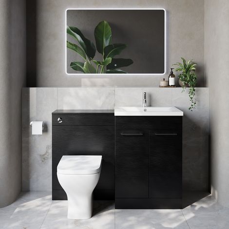 Napoli 460 Cento Nero Oak 1200mm 2 Door Vanity Unit Toilet Suite with Glide Basin - 1200mm - Chrome 160mm HandleWith Kingston Toilet Pan and Seat