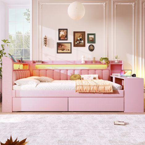 Lit banquette 140x200 cm avec bureau LED USB et 2 tiroirs - Structure MDF et revêtement effet lin - Rose (1/5)
