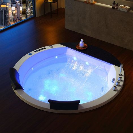 Distribain – Baignoire balnéo ronde 2 places 170x170cm – 24 jets – Acrylique renforcé – Panneau de contrôle tactile – Chromothérapie LED