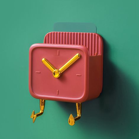 Boîte de rangement murale multifonctionnelle en PP en forme d'horloge, avec crochets, idéale pour une chambre d'étudiant ou une table de chevet (rouge). (1/5)