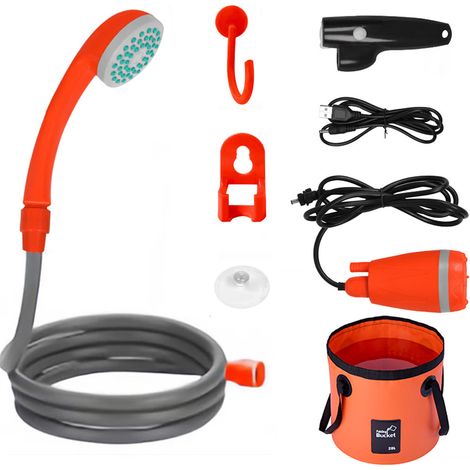 Douche de voiture portable avec chargement sans fil USB et seau de 20 L, noir/orange-AquaForge