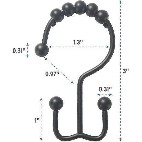 Anneaux de suspension pour rideau de douche, crochets coulissants doubles en métal antirouille pour rideaux et tringles de douche, lot de 12 – noir mat (1/3)
