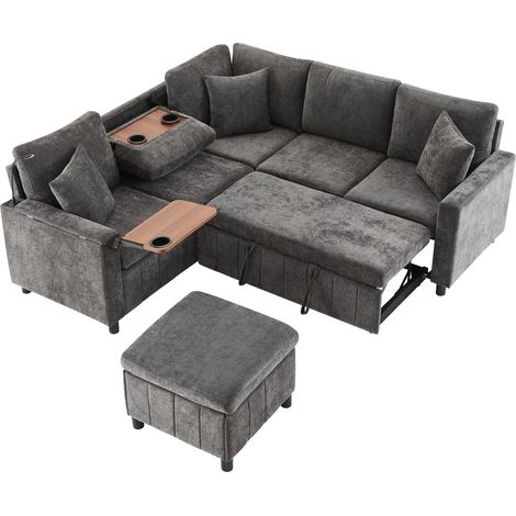 Canapé d'angle convertible Chenille avec rangement, lampe de lecture et ports USB/Type-C, gris, 205×205×85 cm (1/5)