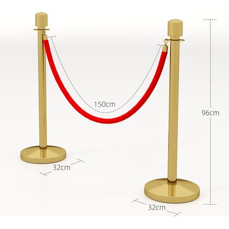 Poteau marqueur en acier inoxydable doré avec corde en velours rouge de 1,5 m et base rechargeable, diamètre 32 cm x hauteur 96 cm (1/5)