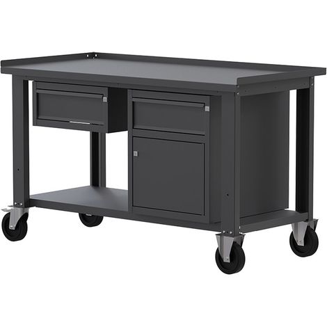 Banco lavoro con ruote SOGI X3N107AR - 1.5 m - piano in acciaio - 1 cassetto + anta e cassetto (1/5)