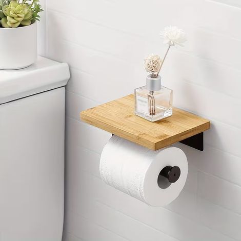Porte-papier toilette en bois massif avec étagère pour lavabo et support pour téléphone (fixation murale sans perçage) (1/4)