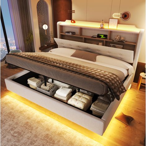 Letto contenitore 180x200 cm con sistema idraulico, luci LED, USB e Type-C, testiera con contenitore - beige (1/5)