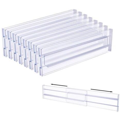 Séparateurs de tiroirs réglables, lot de 8 (27,2-52 cm), séparateur de tiroir transparent, organisateur de tiroirs pour rangement de cuisine, commode