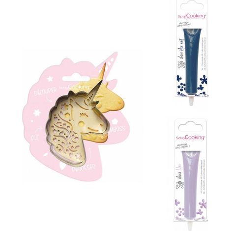 Kit pour biscuit en relief Licorne + 2 Stylos au chocolat bleu nuit et lilas
