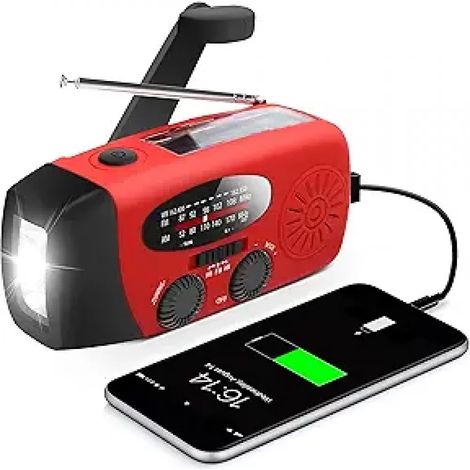 Radio D'Urgence Solaire et à Manivelle - Radio Météo AM FM Bande Météo - Lampe Torche 3 Modes - Banque d'Alimentation USB - Alarme SOS - Étanche - Rouge - 1 Pièce