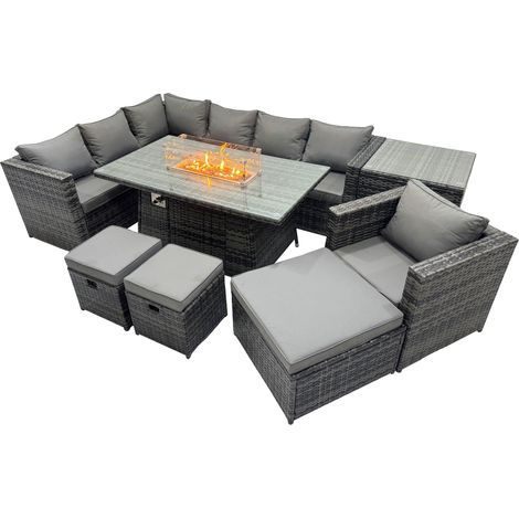 Fimous Rattan Garden Furniture Dining Set 10-seater Gas Firepit Dining Table Corner Sofa Set with Side Table 3 Stool Dark Grey Mixed (1/5)