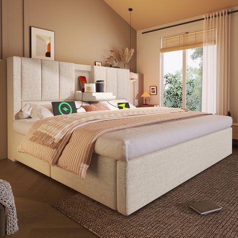 Lit coffre rembourré en lin 140x190 cm, lit double avec rangement hydraulique, porte-gobelet caché, station de charge et sommier à lattes, Beige (1/5)