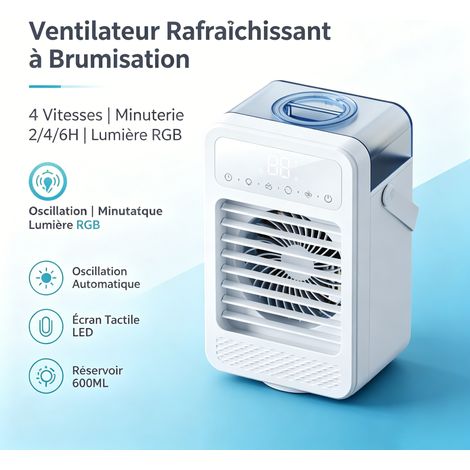 Ventilateur rafraîchissant à brumisation nano portable, 4 vitesses, minuterie 2/4/6H, lumière d’ambiance RGB, réservoir 600ML (1/5)