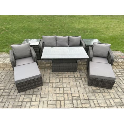 Fimous Outdoor Rattan Furniture Sofa Garden Dining Sets Height Adjustable Rising lifting Table and Chair Set With  2 Side Tables 2 Big Footstools (1/5)