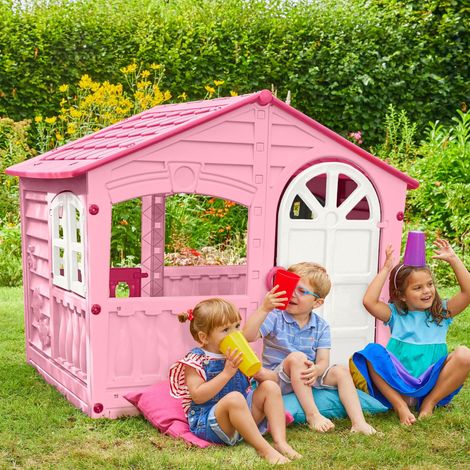 Casetta da Giardino per Bambini Rosa in Plastica Porta e Finestre Apribili