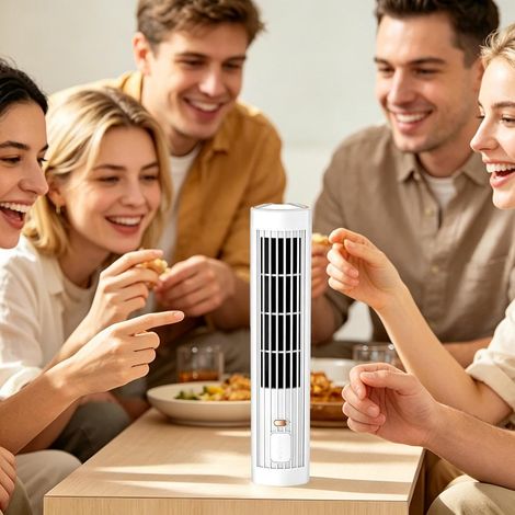 Ventilateur portable silencieux doté de trois vitesses réglables rechargeable via USB-C idéal pour un usage personnel en intérieur, notamment dans les chambres et les bureaux (Blanc). (1/5)