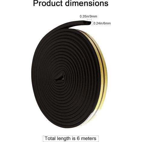 Selbstklebendes Dichtungsband für Türen und Fenster, Typ D 9 mm x 6 mm, schalldämmende Gummidichtungsbänder, Stoßdichtungsband (6 m), schwarz (1/4)