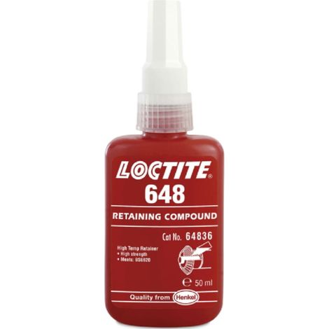 Adesivo verde Loctite 648 da 50 ml per il fissaggio di cuscinetti e parti cilindriche, a bassa viscosità, elevata resistenza, resistente alle alte temperature, conforme alle normative P1 NSF, WRAS e D