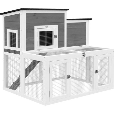 Clapier lapin extérieur en bois, cage à lapin intérieur double toit ouvrant étanche, 2 étages avec enclos gris (1/5)