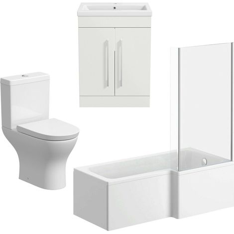 Bathroom Suite 600mm Vanity Unit Basin L Shape Bath With Curved Toilet White RH (1/5)