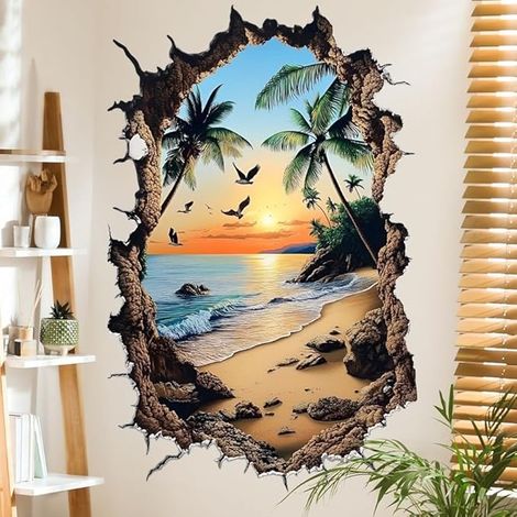 Sticker mural 3D Aurore boréale Sticker mural Coucher de soleil Sticker de plage Palmier de cocotier Mer Chambre des enfants Salon Chambre à coucher Décor mural (Coucher de soleil) (1/5)