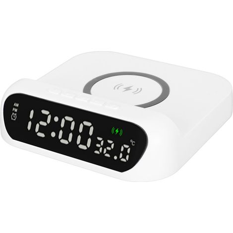 Réveil sans fil multifonction avec affichage de la température LED, 10 W, augmentation progressive du volume de l'alarme, station de charge blanche (1/5)