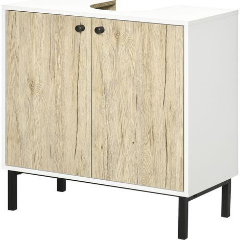Waschtischunterschrank mit zwei Türen und Einlegeboden, aus Spanplatte und Stahl, 60 x 30 x 60 cm, weiß und eichenfarben