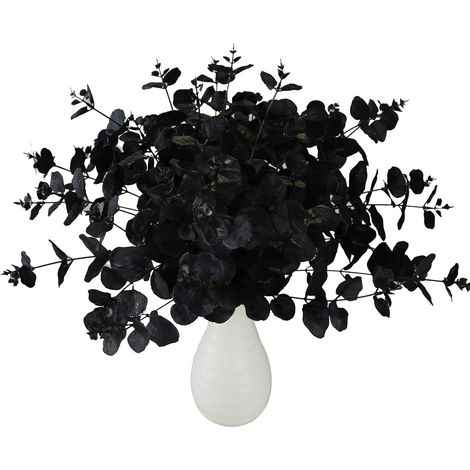 Lot de 2 fleurs artificielles noires, tiges et feuilles d'eucalyptus, pour vase, centre de table de mariage, décoration florale à faire soi-même (1/5)