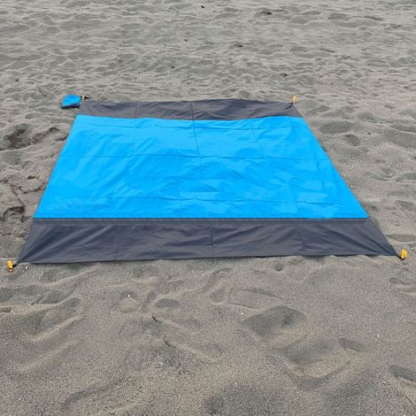 Bleu + Gris bicolore 140+200cm Tapis de pique-nique de camping extérieur, imperméable, pliable, à poches, à carreaux, tapis de plage, résistant à l'humidité. (1/5)
