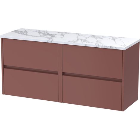 Chartley Contemporary Wall Hung 4 Drawer Vanity Unit with Carrera Marble Laminate Worktop, 1200mm, Smoked Red (1/4)